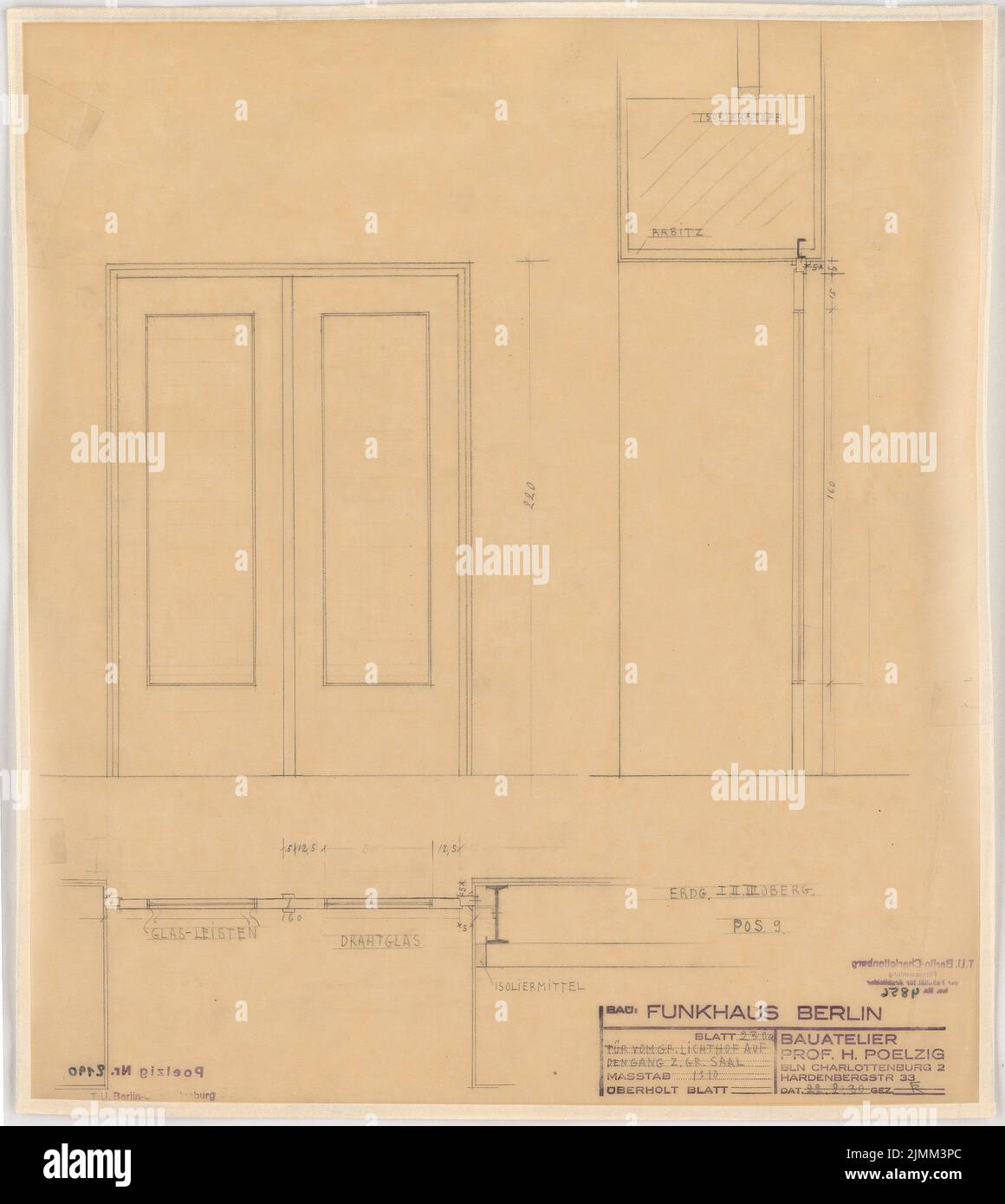 Poelzig Hans (1869-1936), Haus des Rundfunk, Berlin (22.02.1930): Execution project, Großer Lichthof, door to go to the big hall, tort, floor plan, average 1:10. Pencil on transparent, 48.2 x 43 cm (including scan edges) Stock Photo