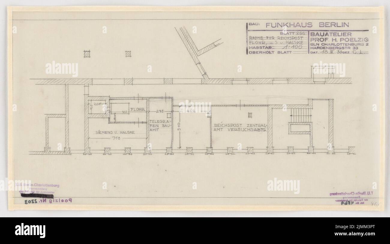 Poelzig Hans (1869-1936), House of Radio, Berlin (March 18, 1930): Execution project, rooms for Reichspost, Flohr and Siemens and Hhalske, floor plan 1: 100. Pencil on transparent, 26.3 x 47.1 cm (including scan edges) Stock Photo