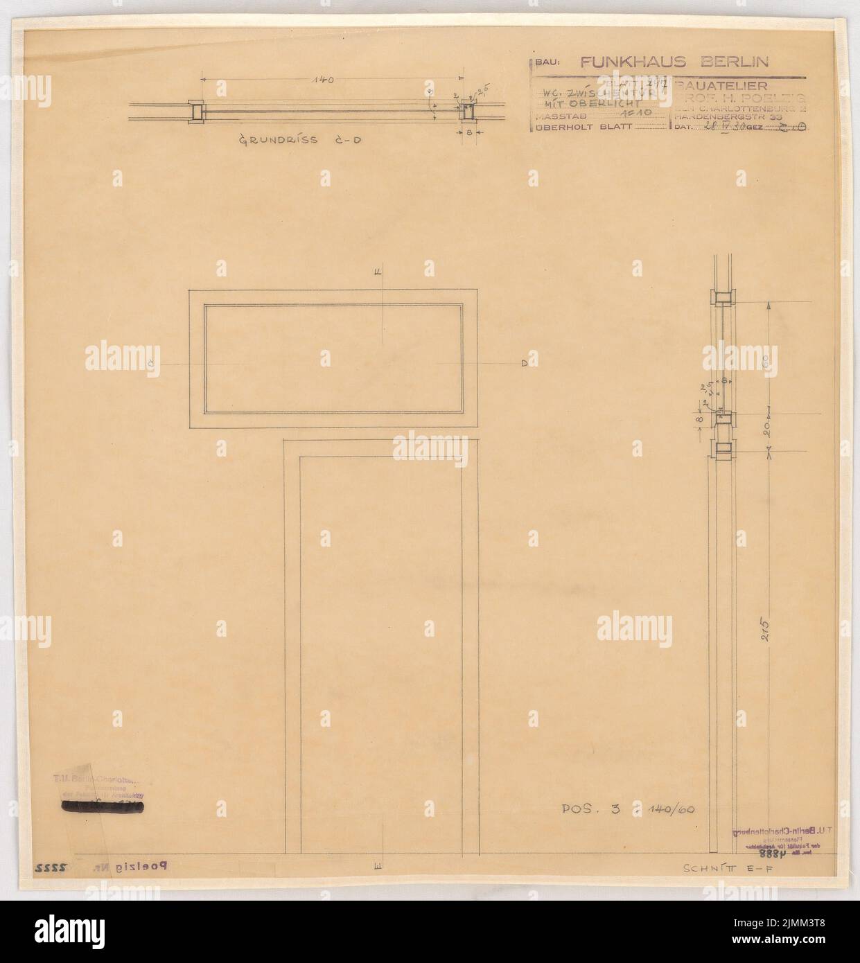 Poelzig Hans (1869-1936), Haus des Rundfunk, Berlin (28.04.1930): Execution project, toilet-wiper door with skylight items 3, upright, floor plan, cut 1:10. Pencil on transparent, 48.1 x 45.9 cm (including scan edges) Stock Photo