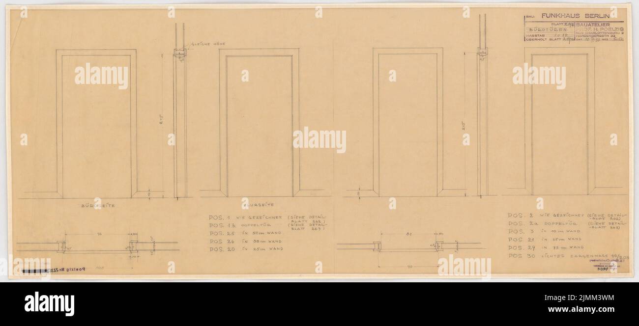Poelzig Hans (1869-1936), House of Radio, Berlin (March 18, 1930): Execution project, office doors, turmoil, cut, floor plan 1:10. Pencil on transparent, 42.1 x 95.3 cm (including scan edges) Stock Photo