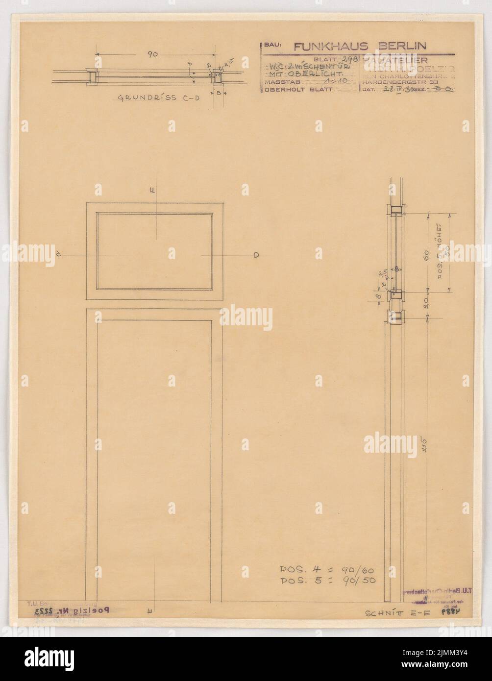 Poelzig Hans (1869-1936), Haus des Rundfunk, Berlin (28.04.1930): Execution project, toilet-wiper door with skylight items 4 and 5, tort, floor plan, cut 1:10. Pencil on transparent, 48.4 x 37.4 cm (including scan edges) Stock Photo