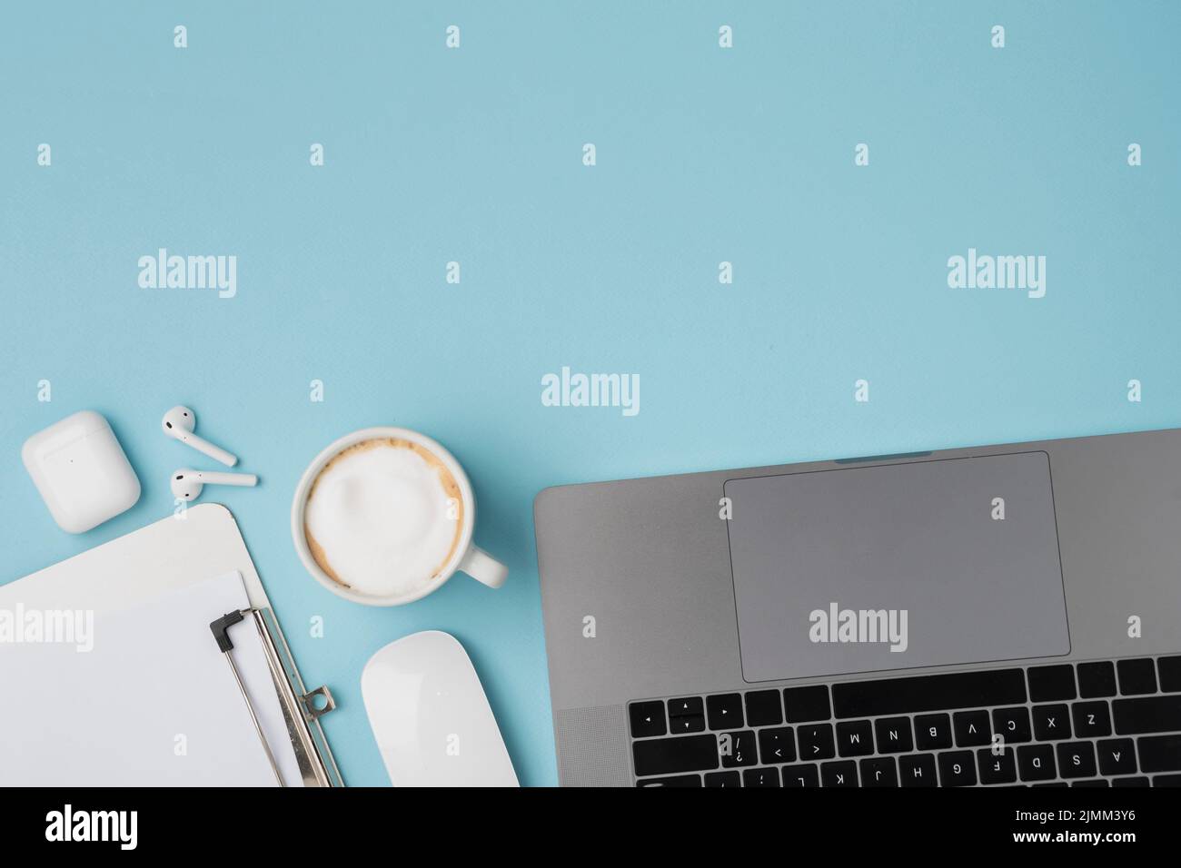Top view desk with laptop clipboard Stock Photo Alamy