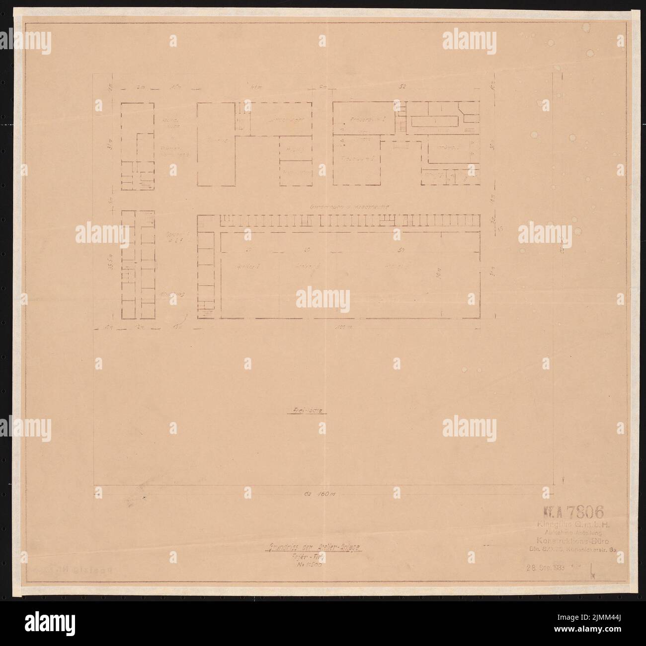Poelzig Hans (1869-1936), Tonfilmatelier, Berlin-Gatow (28.09.1933): floor plan studio system (Fejer-Film) 1: 500. Light break on paper, 42.4 x 45.5 cm (including scan edges) Stock Photo