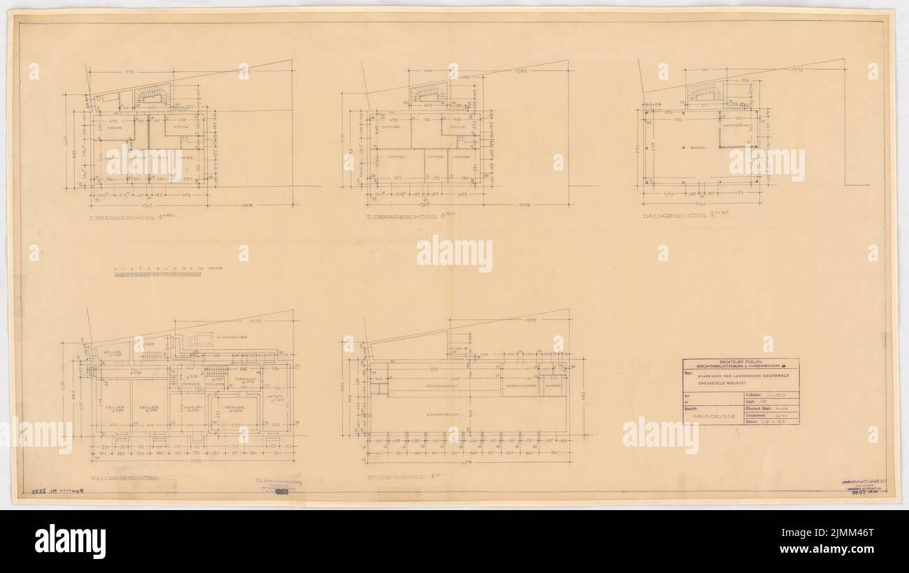 Poelzig Hans (1869-1936), Kreissparkasse Wolgast (04/25/1931): Execution project, floor plan KG, EC, 1st - 2nd floor, attic 1: 100. Pencil on transparent, 59.7 x 106.3 cm (including scan edges) Stock Photo