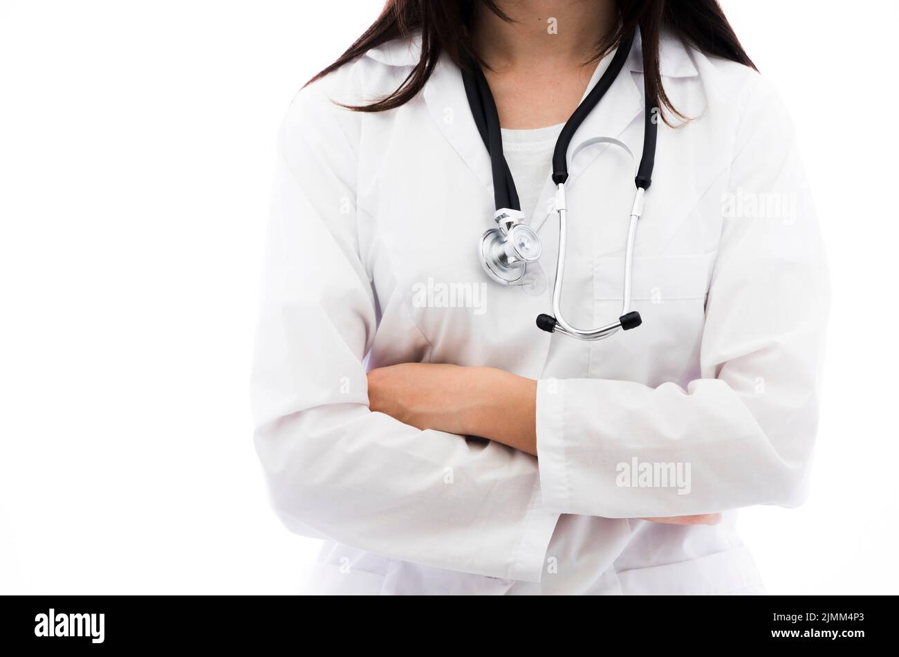 Portrait female doctor holding stethoscope around her neck with arm