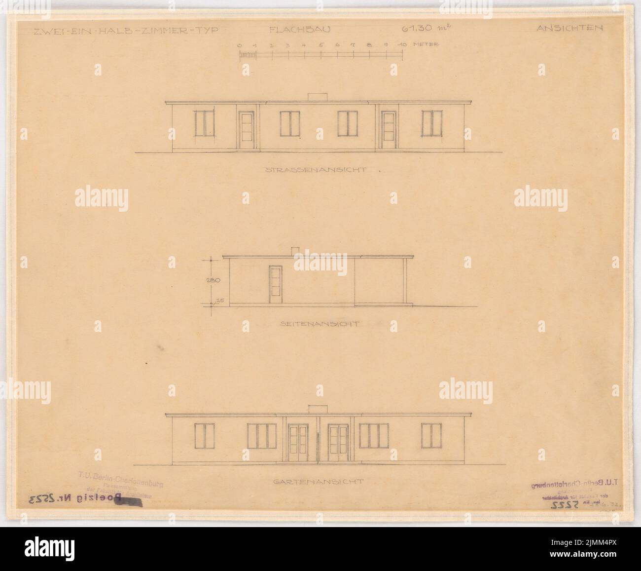 Poelzig Hans (1869-1936), settlement project (June 28, 1932): double house, 2.5 rooms, flat building, views 1: 100. Pencil on transparent, 32.5 x 39.5 cm (including scan edges) Stock Photo