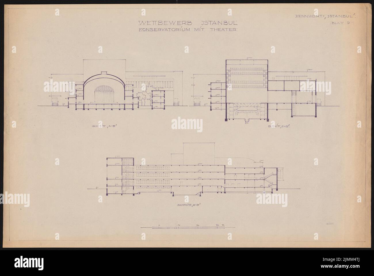 Poelzig Hans (1869-1936), Conservatory with Theater, Istanbul (1935): Cut A-B, C-D, E-F 1: 200 (see Inv.No. 5284). Light break on paper, 64.7 x 96.7 cm (including scan edges) Stock Photo