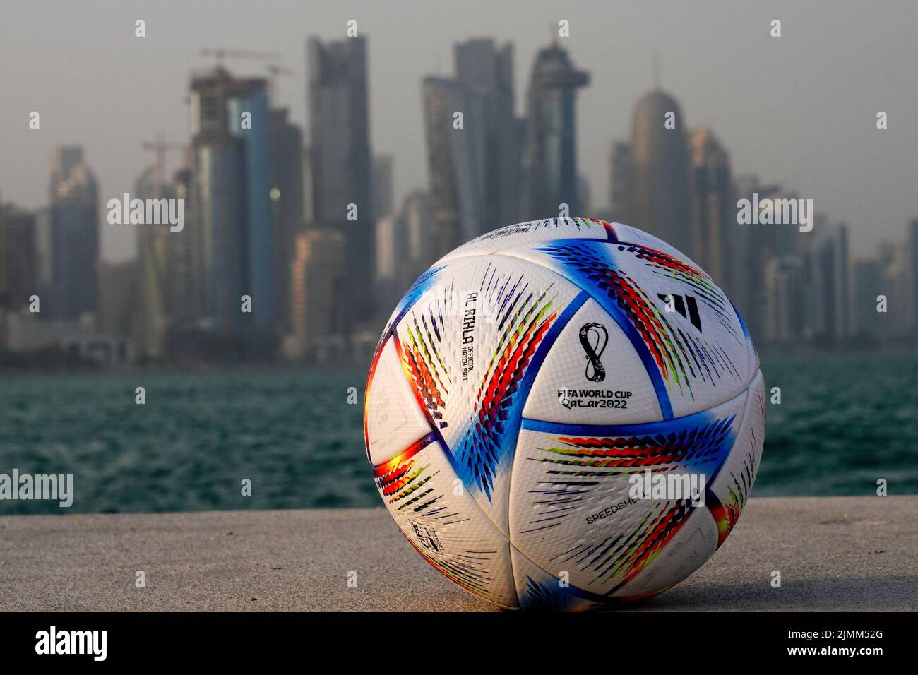 The FIFA World Cup Qatar 2022 official ball,  Adidas Al Rihla, in Doha, Qatar Stock Photo