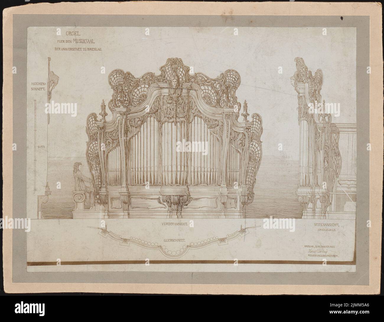 Poelzig Hans (1869-1936), music hall of the university in Wroclaw. Organ (January 15, 1902): front view, side view, cross -section, height cut. Photo on cardboard, 20.7 x 26.9 cm (including scan edges) Stock Photo