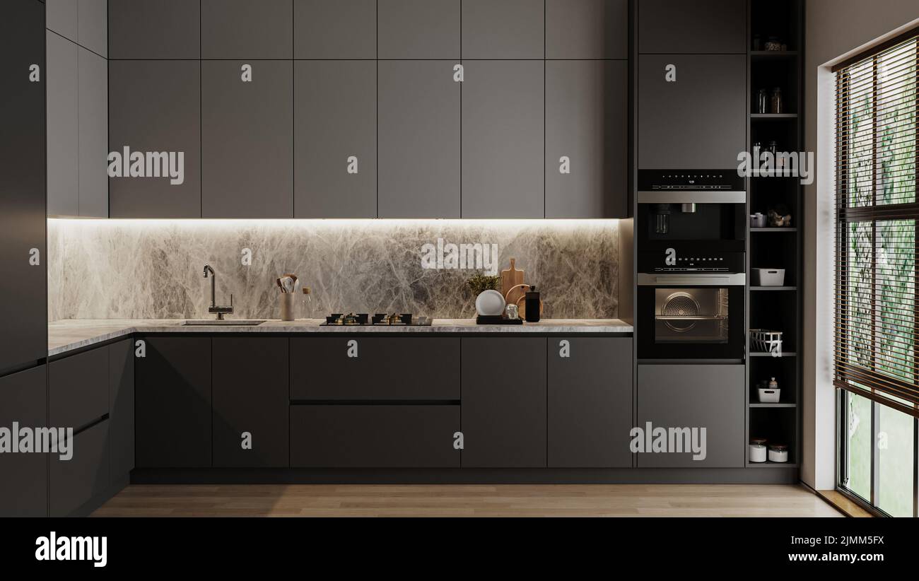 Modern dark grey kitchen interior, 3d rendering Stock Photo - Alamy