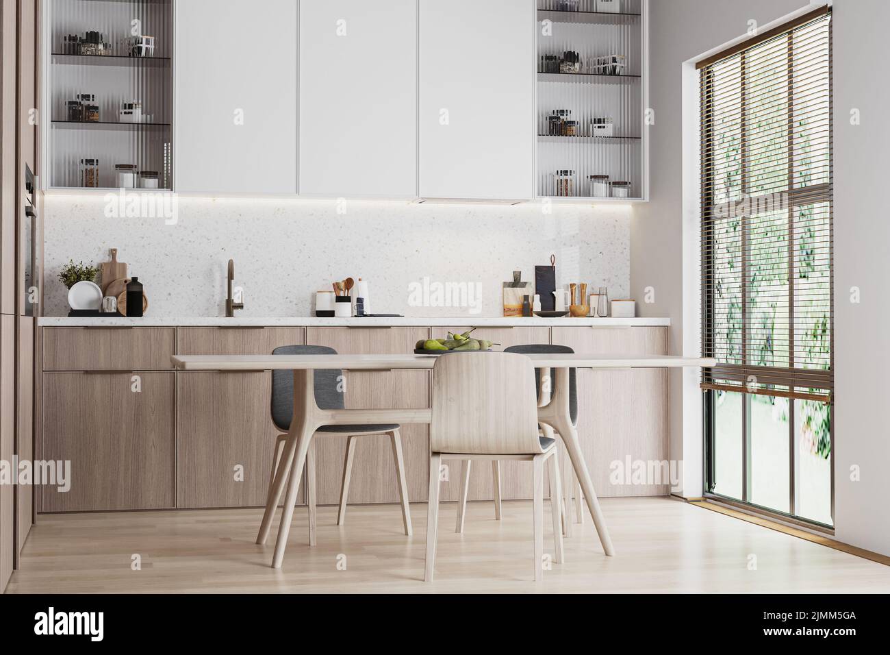 Modern kitchen interior with wooden and white dinning table