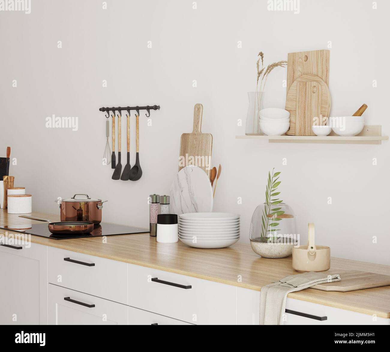 Interior of light modern kitchen with wooden counter and shelves with