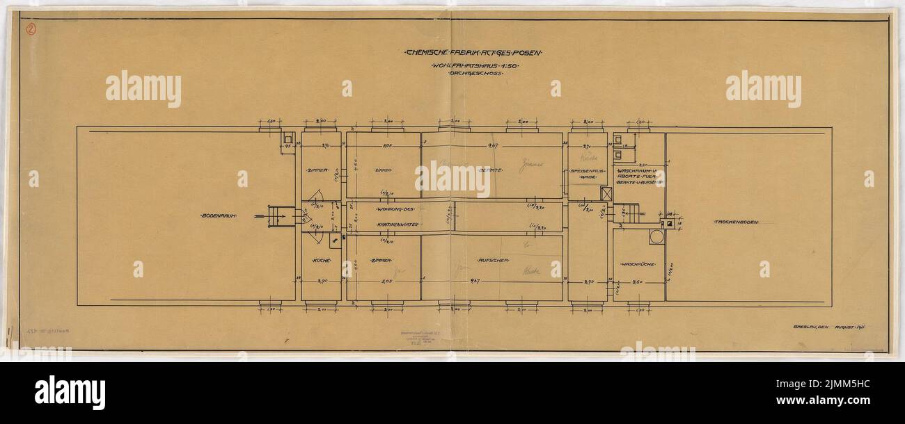 Poelzig Hans (1869-1936), chemical factory, Luban (1910-1911): Welfare house, floor plan top floor 1:50. Ink on transparent, 49.5 x 123.6 cm (including scan edges) Stock Photo