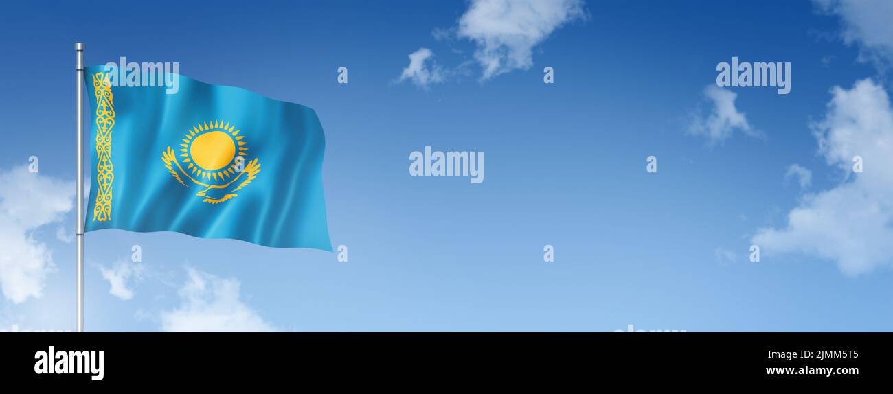 Kazakhstan flag isolated on a blue sky. Horizontal banner Stock Photo