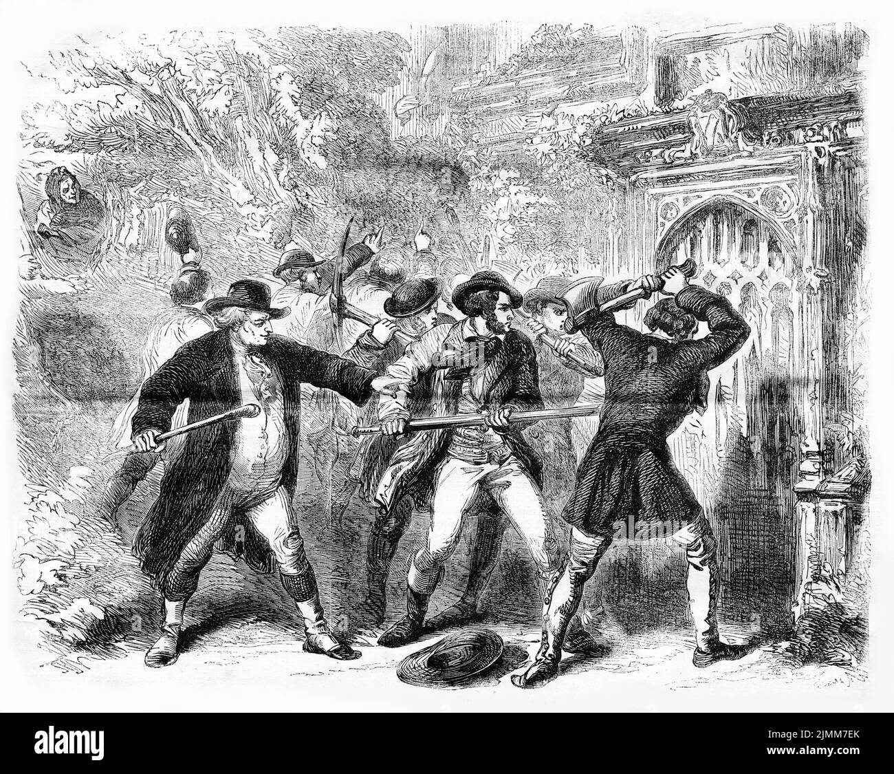 Illustration from the French magazine Journal Pour Tous (newspaper for all) in 1856, showing a crowd of men breaking into a mansion Stock Photo