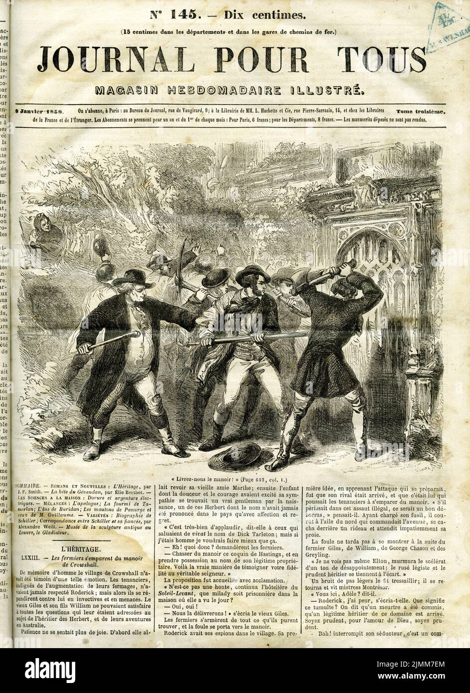 Front cover of the French magazine Journal Pour Tous (newspaper for all) in 1856, showing a crowd attacking a building Stock Photo