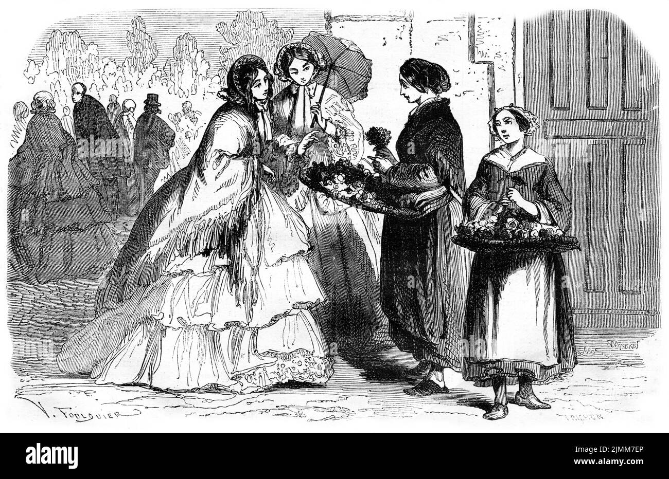 Engraving of wealthy ladies buying flowers in the streets of Paris, France, circa 1850 Stock Photo