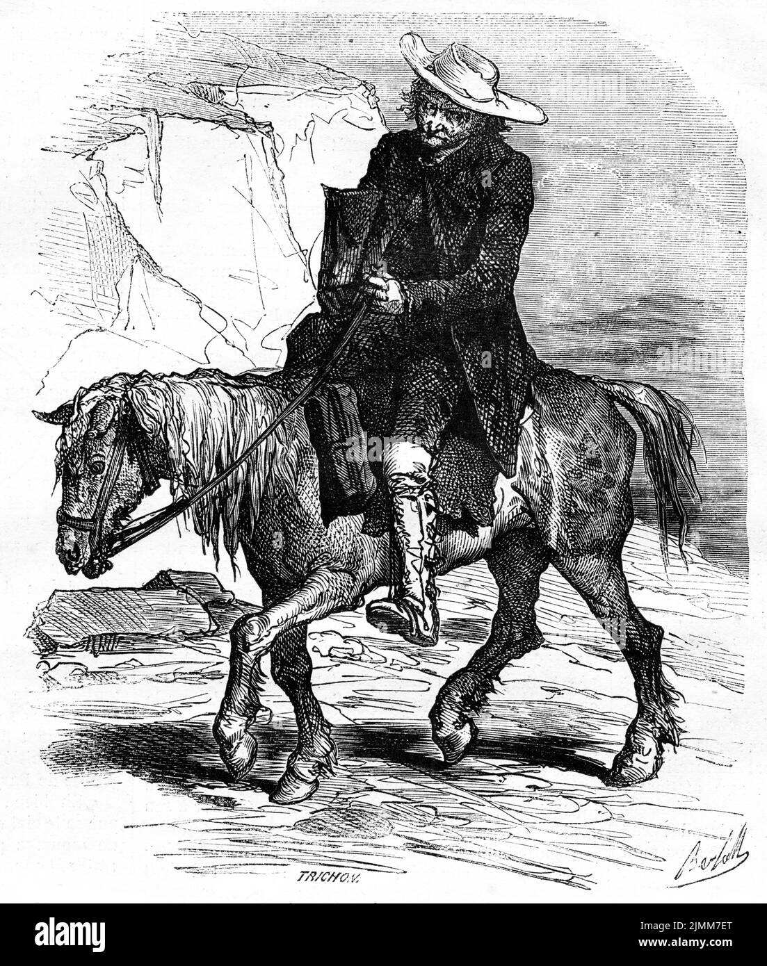 Engraving of a weary-looking man riding a horse, circa 1890 Stock Photo