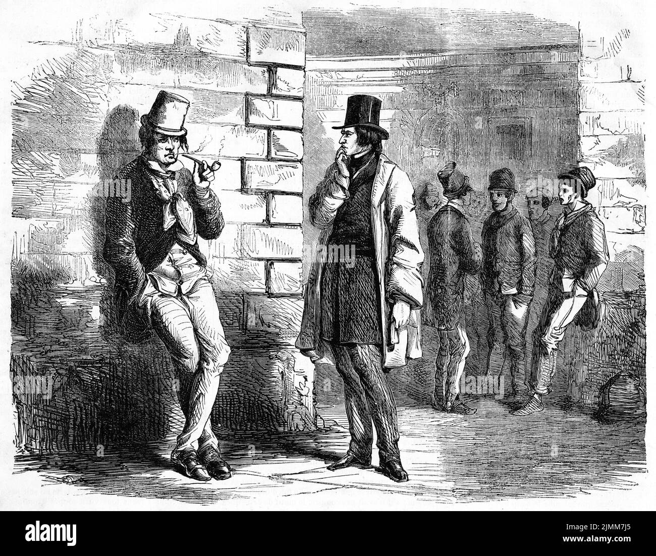 Illustration from the French magazine Journal Pour Tous (newspaper for all) in 1856, showing two men loitering on the city streets of Paris Stock Photo