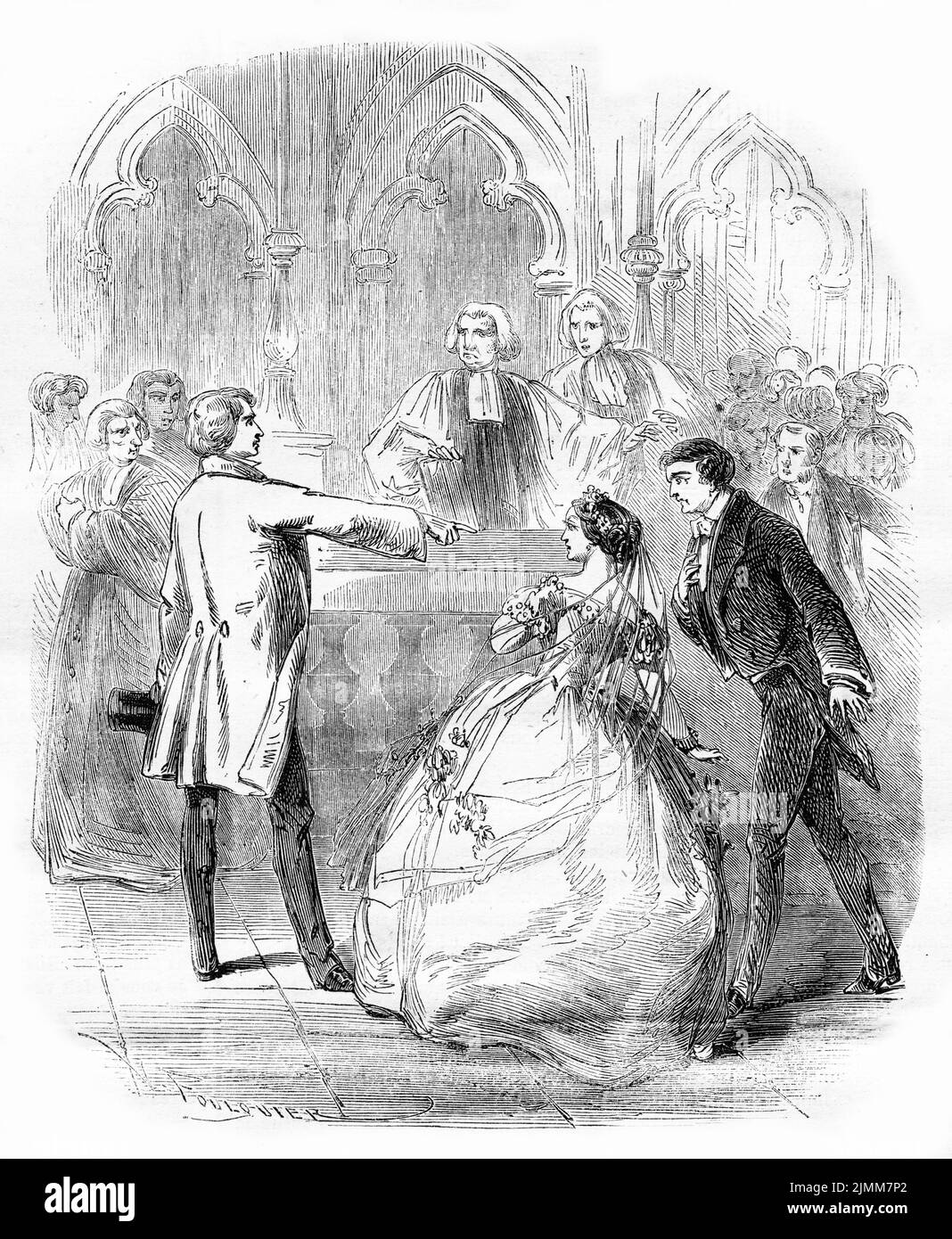 Illustration from the French magazine Journal Pour Tous (newspaper for all) in 1856, showing a man objecting to a couple getting married Stock Photo
