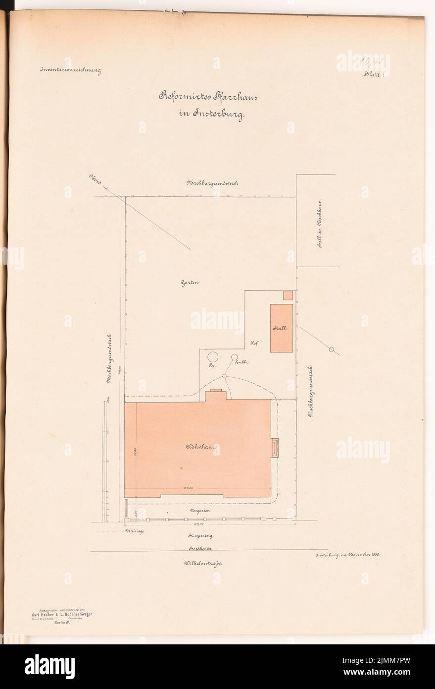 Unknown architect, Reformed rectory, Insterburg (approx. 1890): Plan content N.N. detected. Lithograph, 53.3 x 36.1 cm (including scan edges) Stock Photo