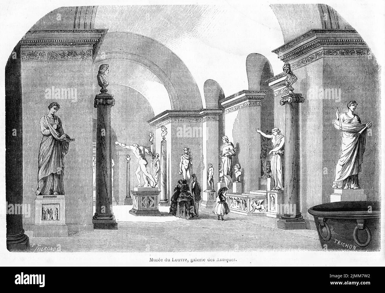 Illustration from the French magazine Journal Pour Tous (newspaper for all) in 1856, showing the gallery of antique statues in the Louvre museum Stock Photo
