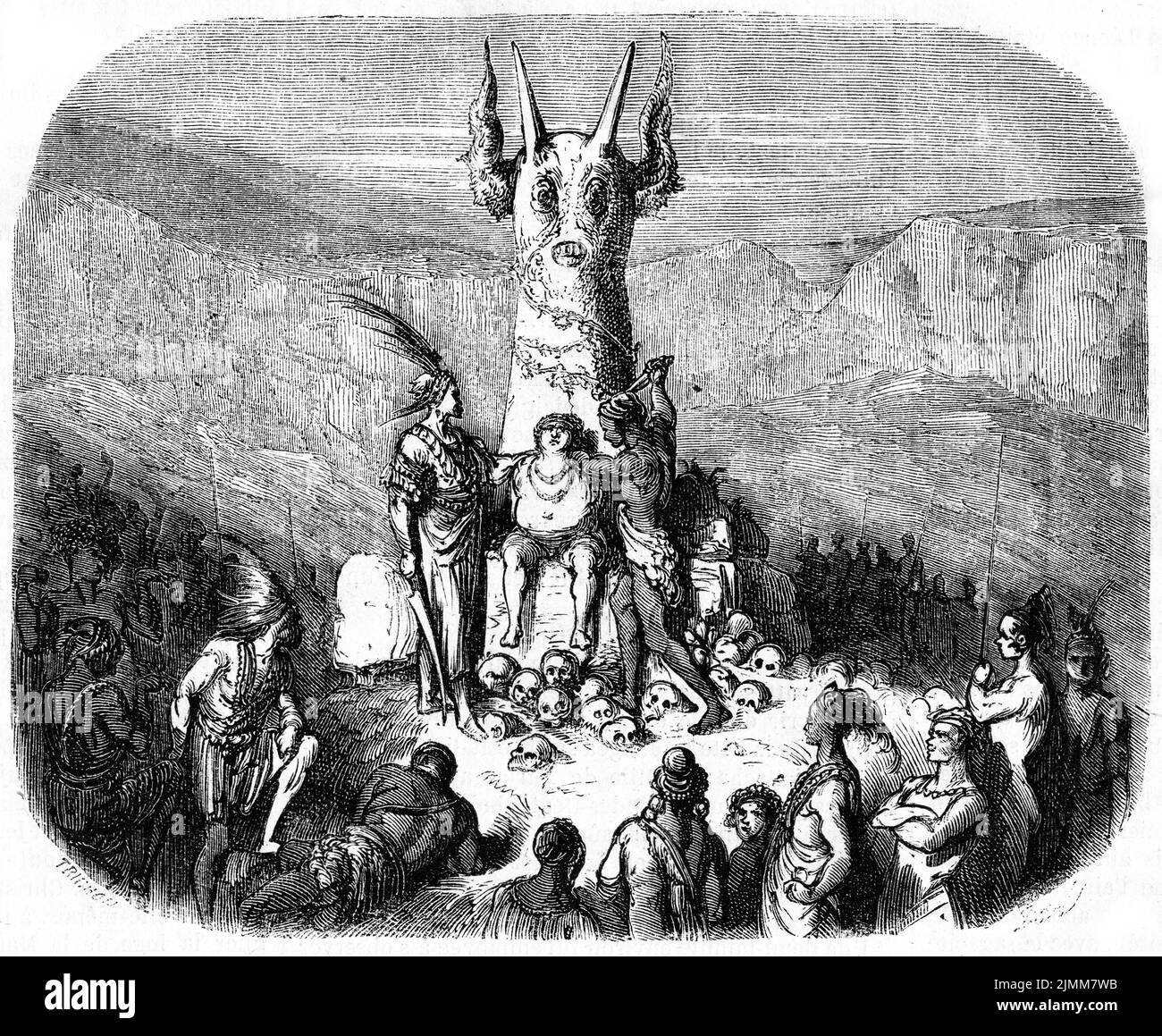 Engraving of pagans making a human sacrifice, circa 1850 Stock Photo