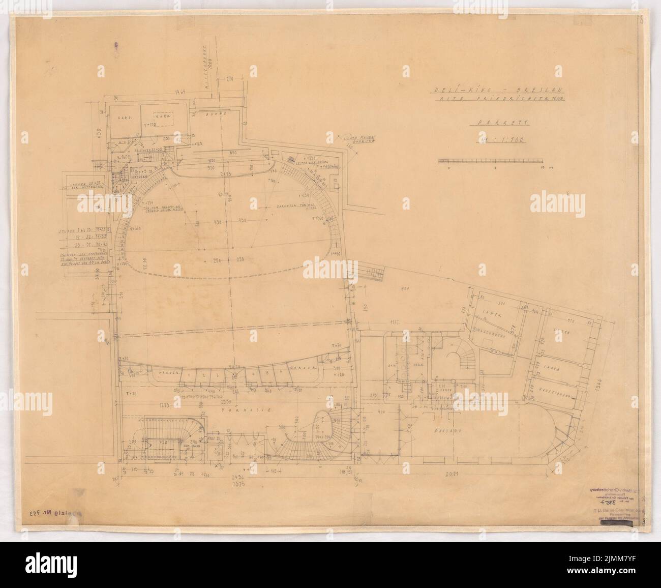 Poelzig Hans (1869-1936), Deli light games in Breslau (1926): Floor plan parquet 1: 100. Pencil on transparent, 56.8 x 69.2 cm (including scan edges) Stock Photo