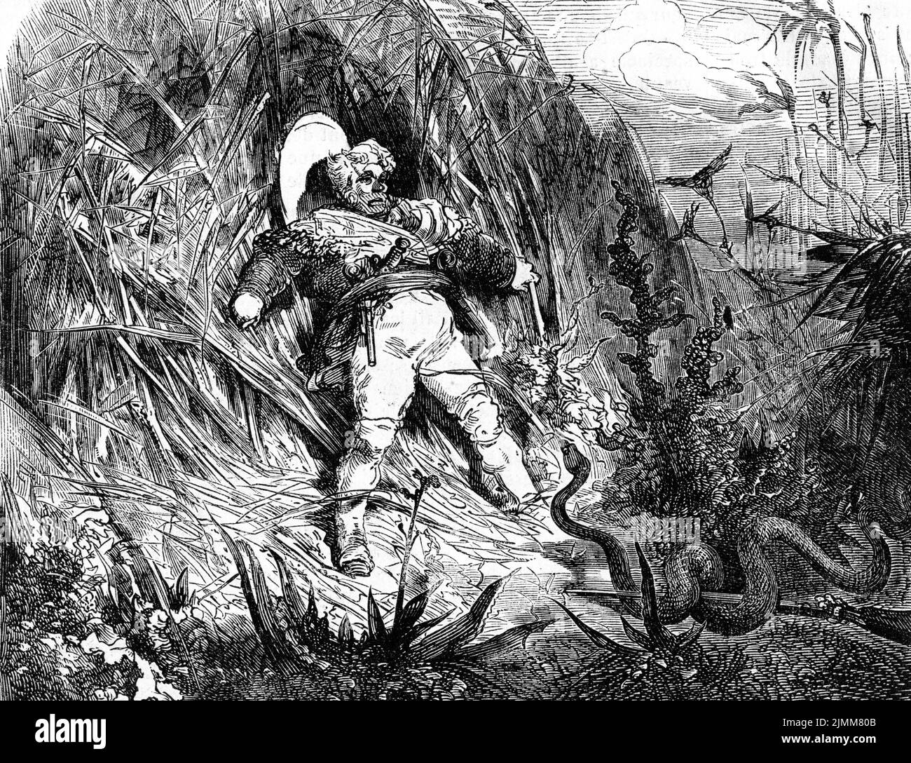Engraving of a man being attacked by a poisonous snake Stock Photo