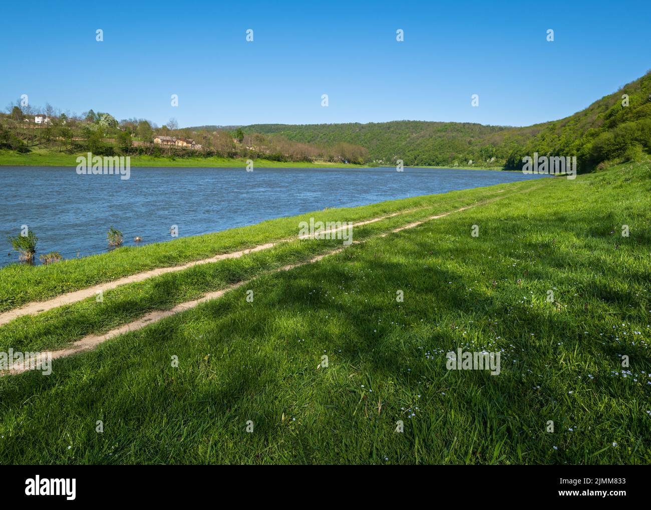 Amazing spring view on the Dnister River Canyon. View from Nezvysko village blossoming river coast, Ivano-Frankivsk region, Ukra Stock Photo