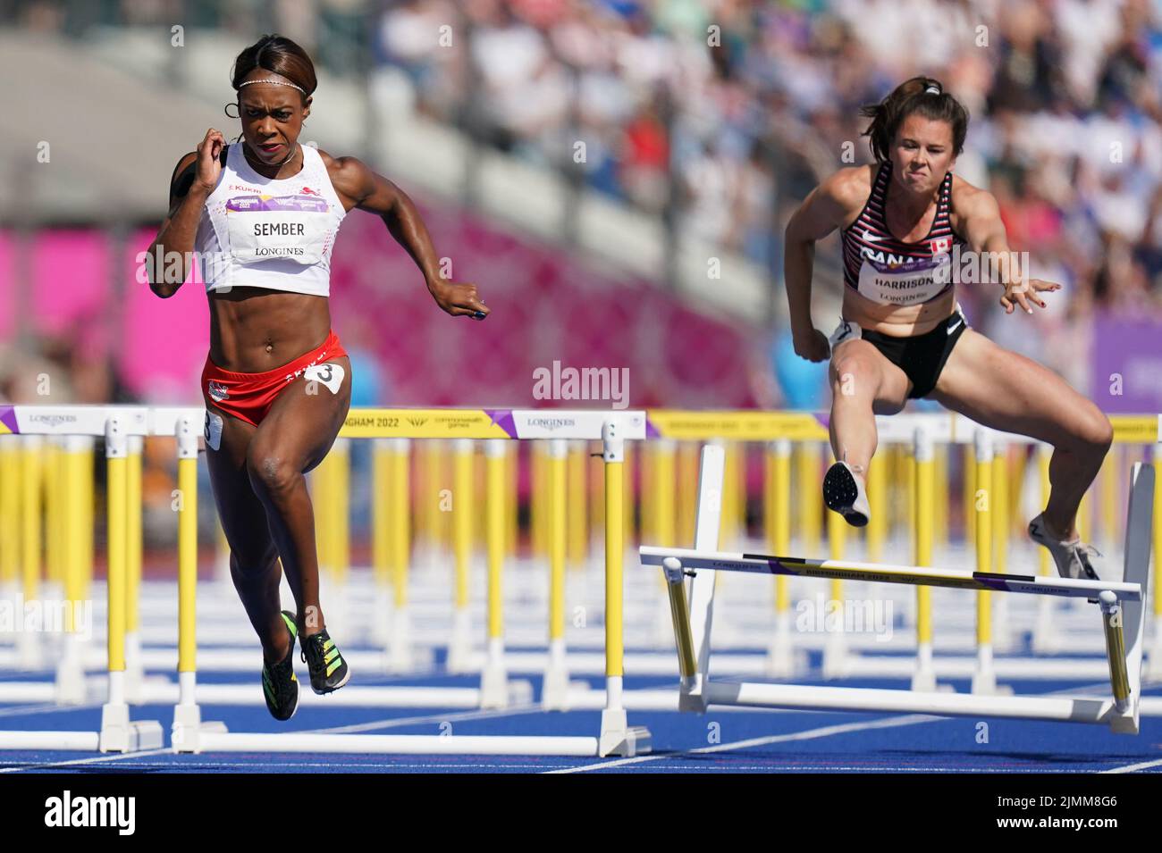 England's Cindy Sember (left) during Women's 100m Hurdles - Final at Alexander Stadium on day ten of the 2022 Commonwealth Games in Birmingham. Picture date: Sunday August 7, 2022. Stock Photo