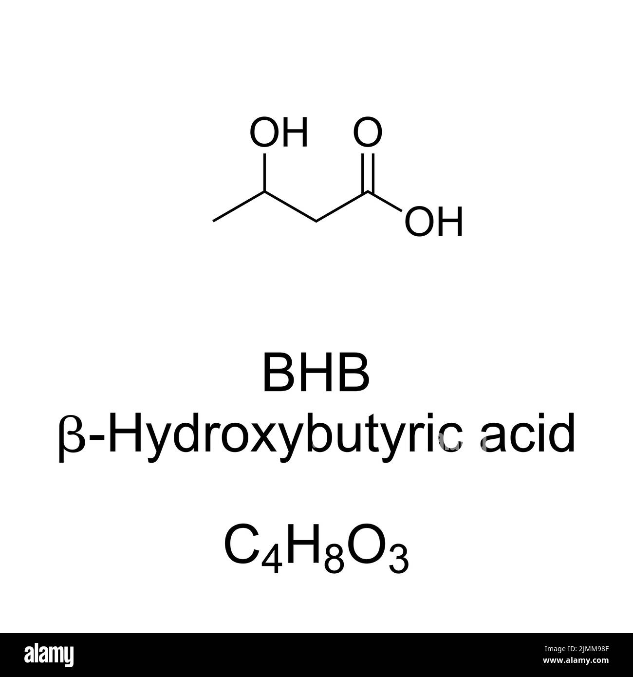 BHB, beta-Hydroxybutyric acid, chemical formula. beta-hydroxybutyrate is the conjugate base. Level in the human body increases with ketogenic diets. Stock Photo