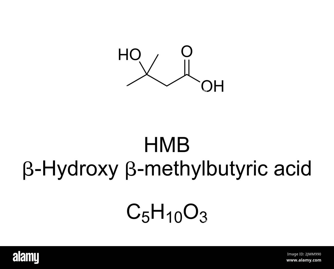 HMB, beta-Hydroxy beta-methylbutyric acid, chemical formula. Naturally produced substance, used as dietary supplement, and medical food ingredient. Stock Photo