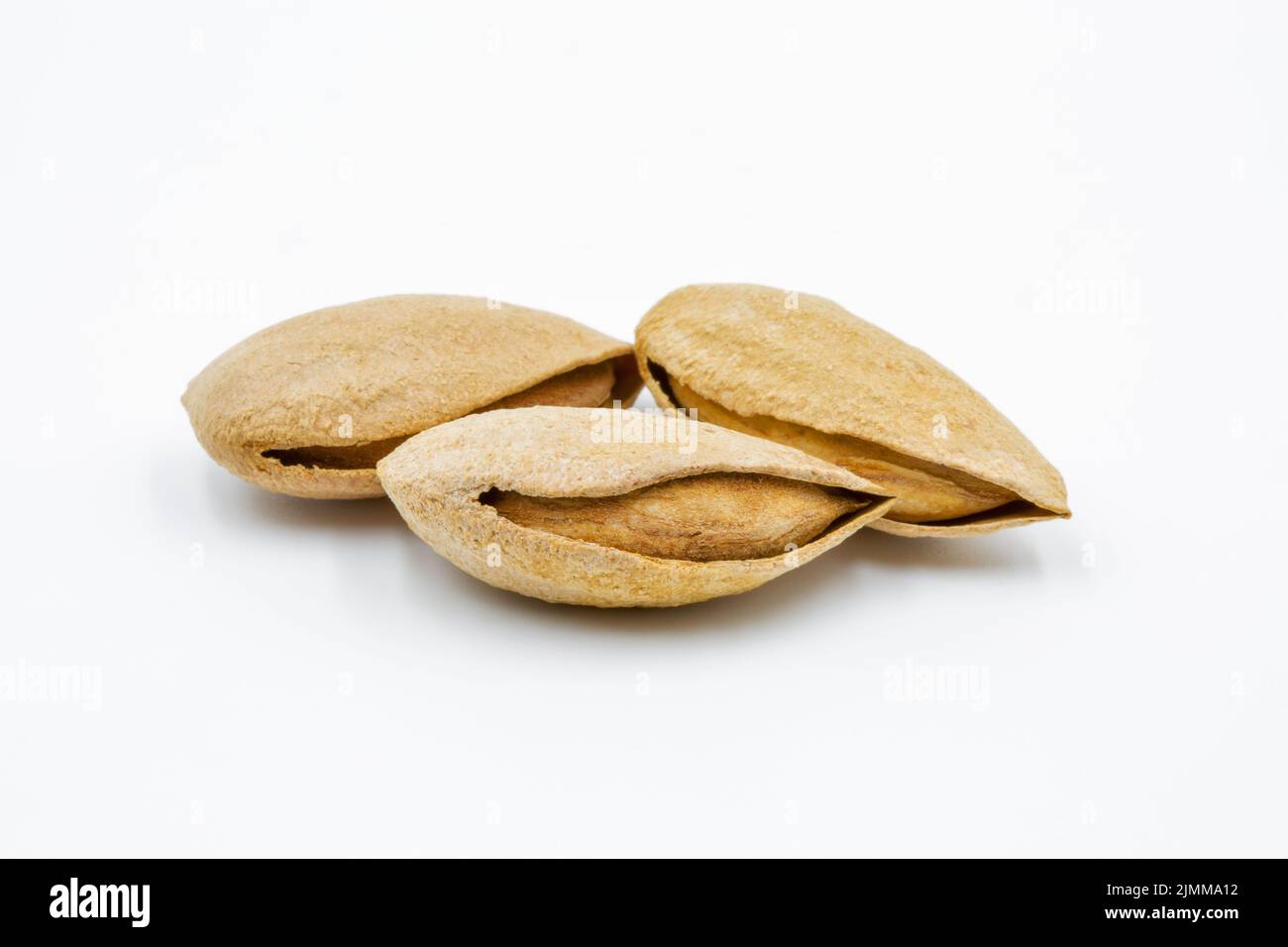 few selected dried inshell almonds closeup against white bacground Stock Photo