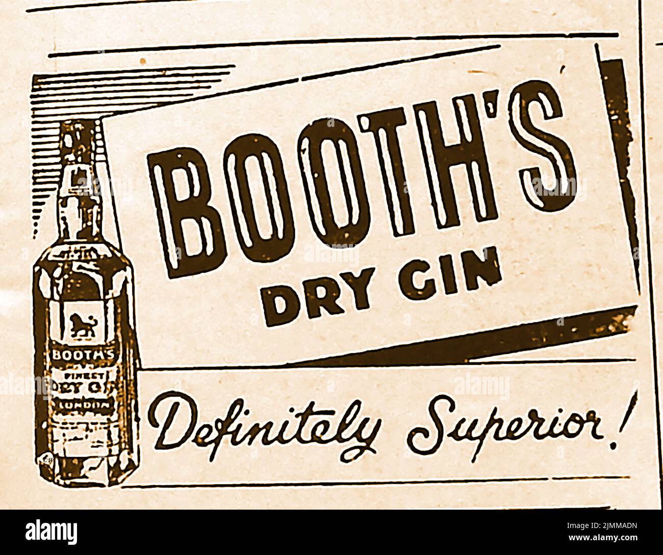 A  (post war) British advertisement for  Booths Dry Gin, a make of London dry gin, founded by the Booth family of Lincolnshire  in about 1740.It was sold in an hexagonal glass bottle bearing the heraldic crest of the Booth family. It became known as the Gentleman's drink and was a reputed favourite of the British Royal Family. The brand, owned by Diageo Spirits, ceased production in 2017 and was sold to the  American, Sazerac drinks Company Stock Photo