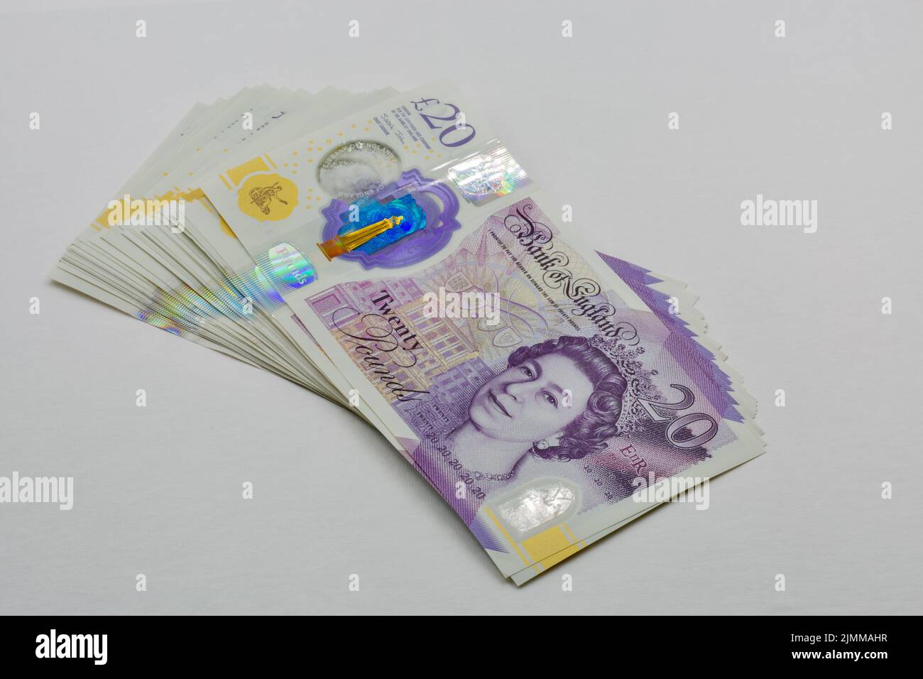 British twenty pounds sterling banknotes closeup. Portrait of Queen Elizabeth II. Stock Photo
