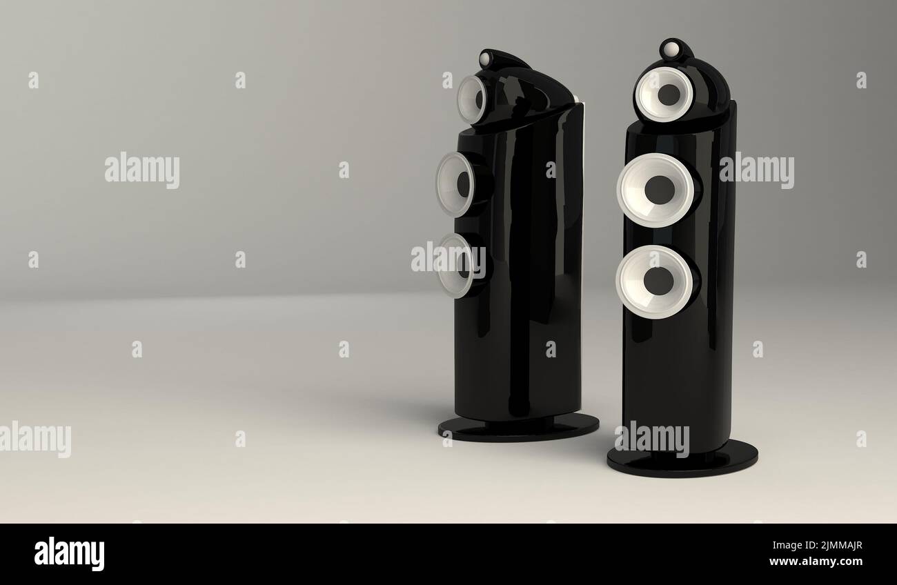 Black floorstanding sound speakers on a white background. 3D render Stock Photo