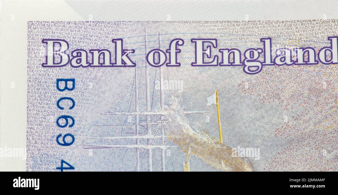 British twenty pounds sterling banknote fragment with sign Bank of England closeup. Stock Photo