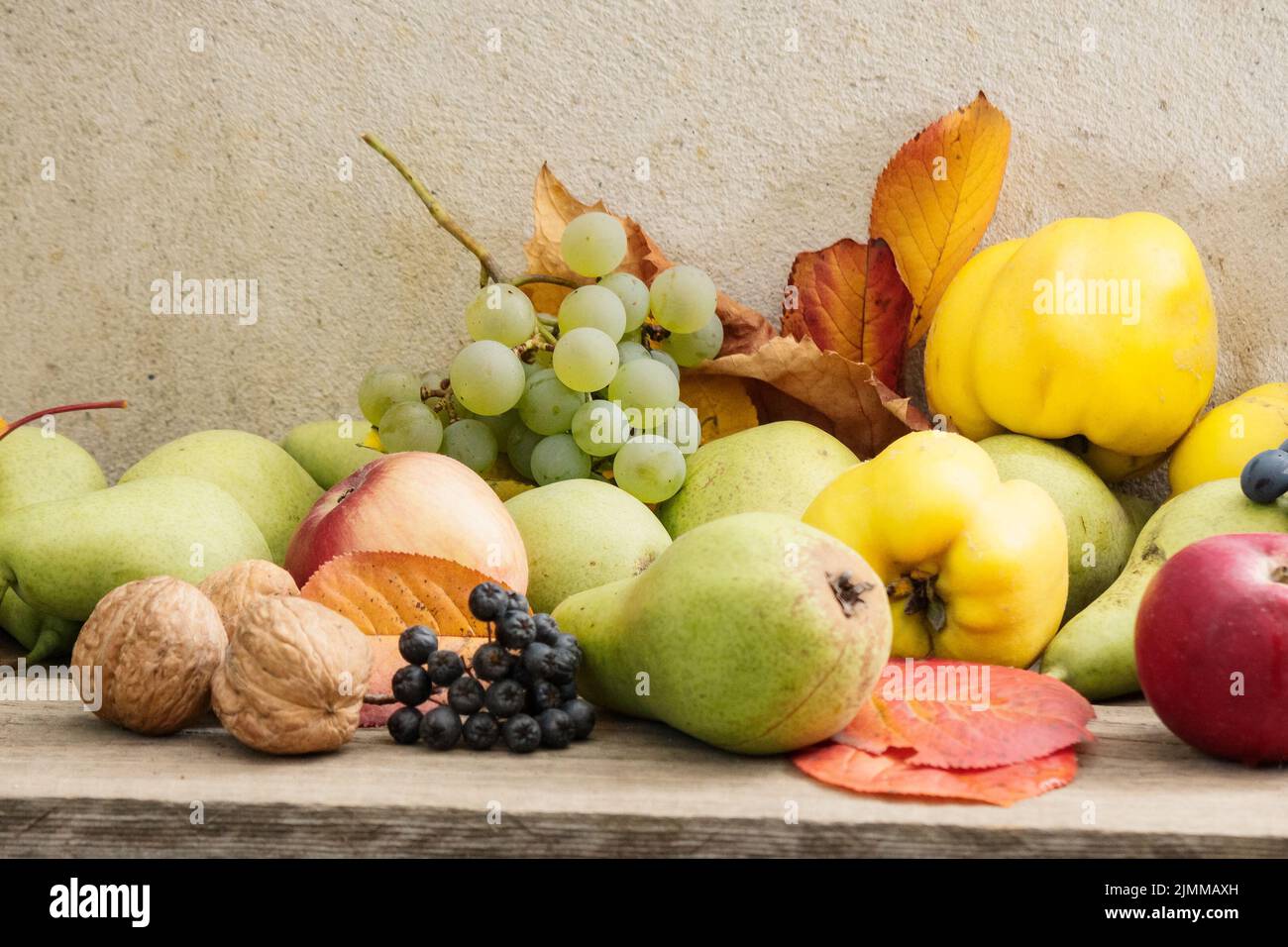 autumn harvest on the wooden board. bunch of ripe fruits. natural grown healthy food and sustainable living Stock Photo