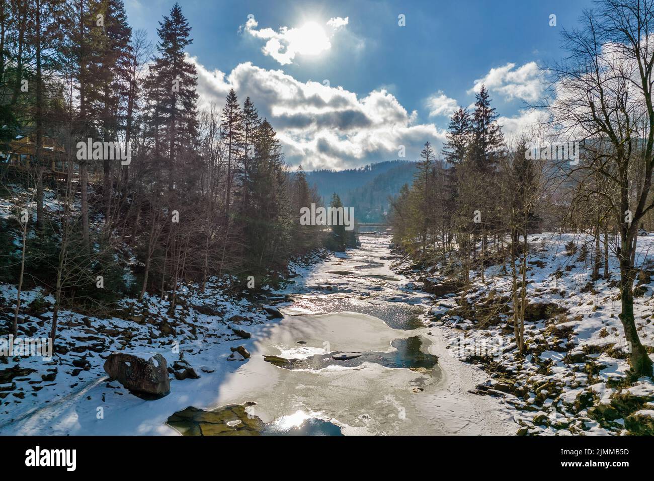 Drone view over landscape of winter Prut River and Probiy waterfall in Yaremche, Ivano-Frankivsk region, Carpathian mountains, Ukraine. Stock Photo