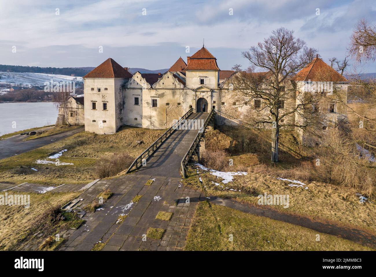 Aerial view over Svirzh Castle, Ukraine. It is a fortified aristocratic residence in Lviv region, built in 15th century. Stock Photo