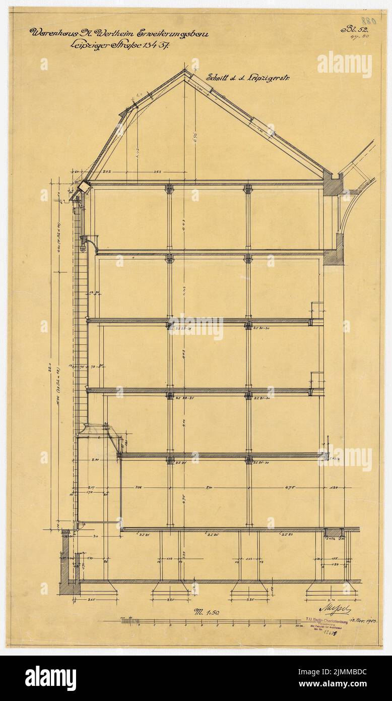 Messel Alfred (1853-1909), Wertheim, Leipziger Straße, Berlin. 2. Construction phase (November 13, 1903), cross -section through the main building, 1:50, ink, pencil on transparent, TU UB Plan collection inv. No. 12621 Stock Photo