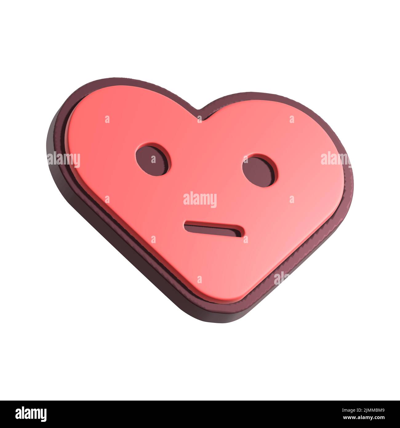 Emotionless heart smiley face 3d illustration. Cartoon heart character isolated on white background. Stock Photo