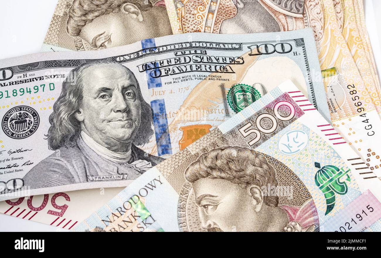 Polish Zloty And US Dollar Banknotes Money Large Denomination White 