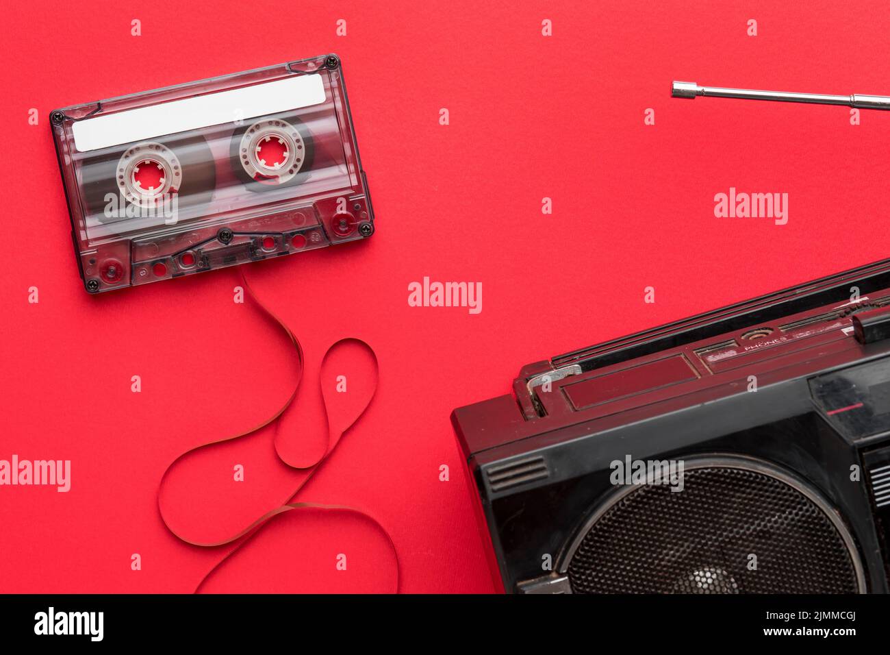 Vintage cassette tapes with radio-cassette player on a wooden table Stock  Photo - Alamy
