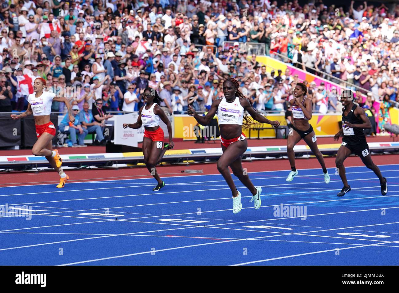 England's Victoria Ohuruogu (centre) takes silver whilst Jodie Williams takes bronze (centre-left) in the Women's 400m - Final at Alexander Stadium on day ten of the 2022 Commonwealth Games in Birmingham. Picture date: Sunday August 7, 2022. Stock Photo