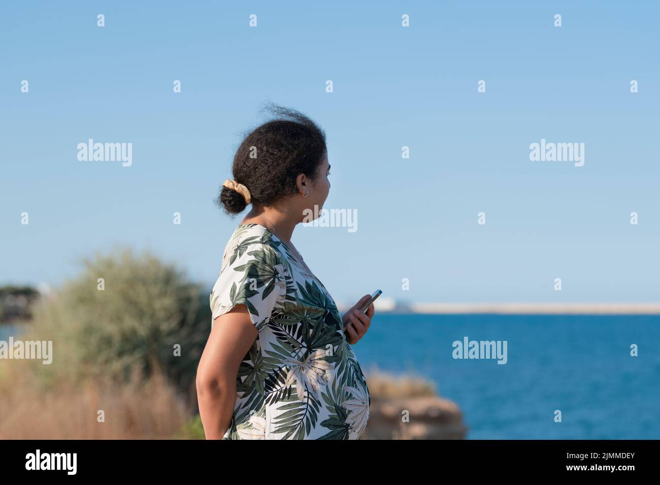 Relaxed pregnant woman looking at the sea Stock Photo