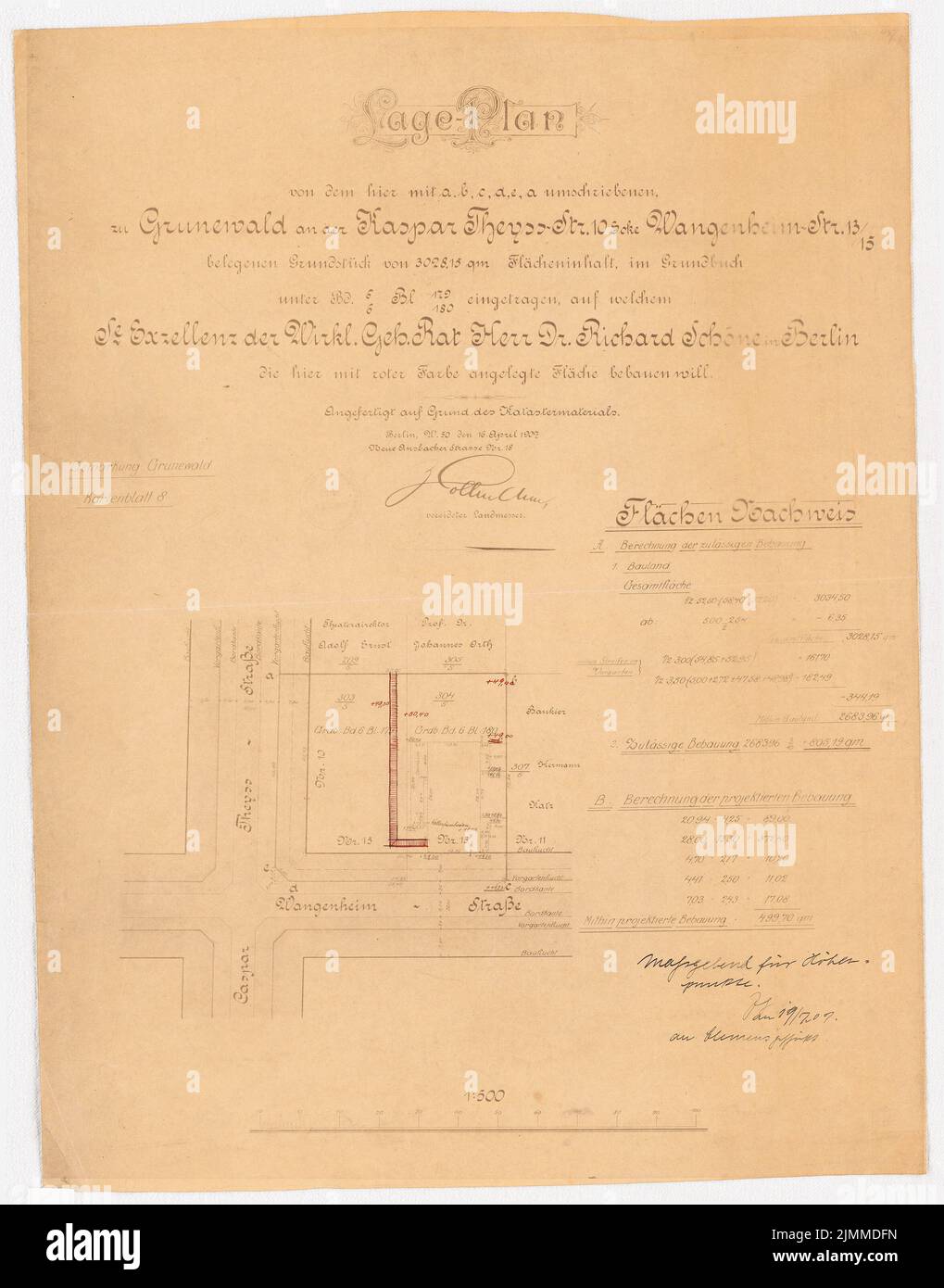 Messel Alfred (1853-1909), Villa Dr. Richard Schöne, Berlin-Grunewald (19.01.1909), surveying plan 1: 500, ink colored, via a break on paper, TU UB Plan collection inv. No. 13148.1 Stock Photo