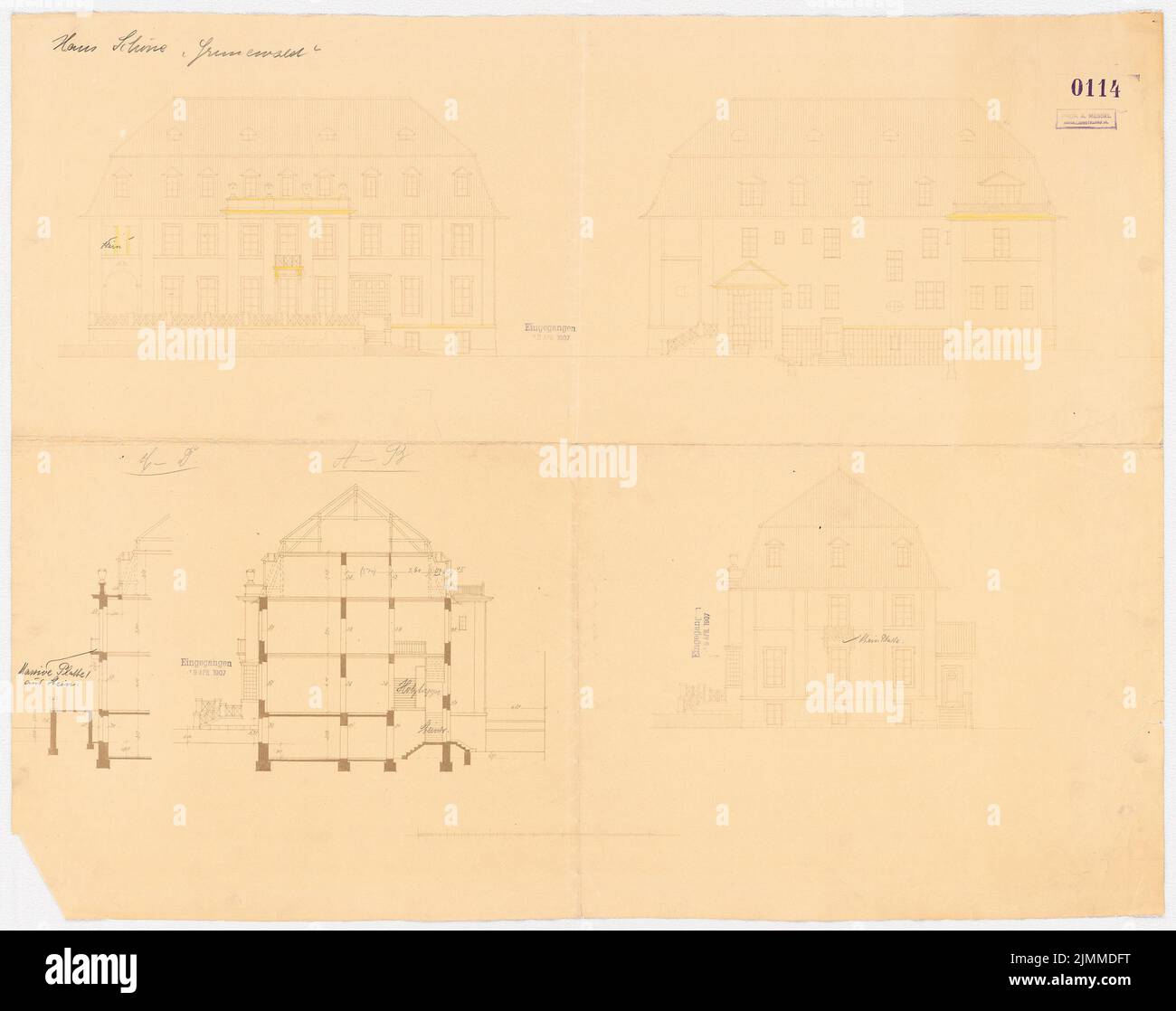 Messel Alfred (1853-1909), Villa Dr. Richard Schöne, Berlin-Grunewald. Project II (1907), Rissing and cross section 1: 100, pencil, colored pencil over light break on paper, TU UB Plan collection inv. No. 13160.1 Stock Photo