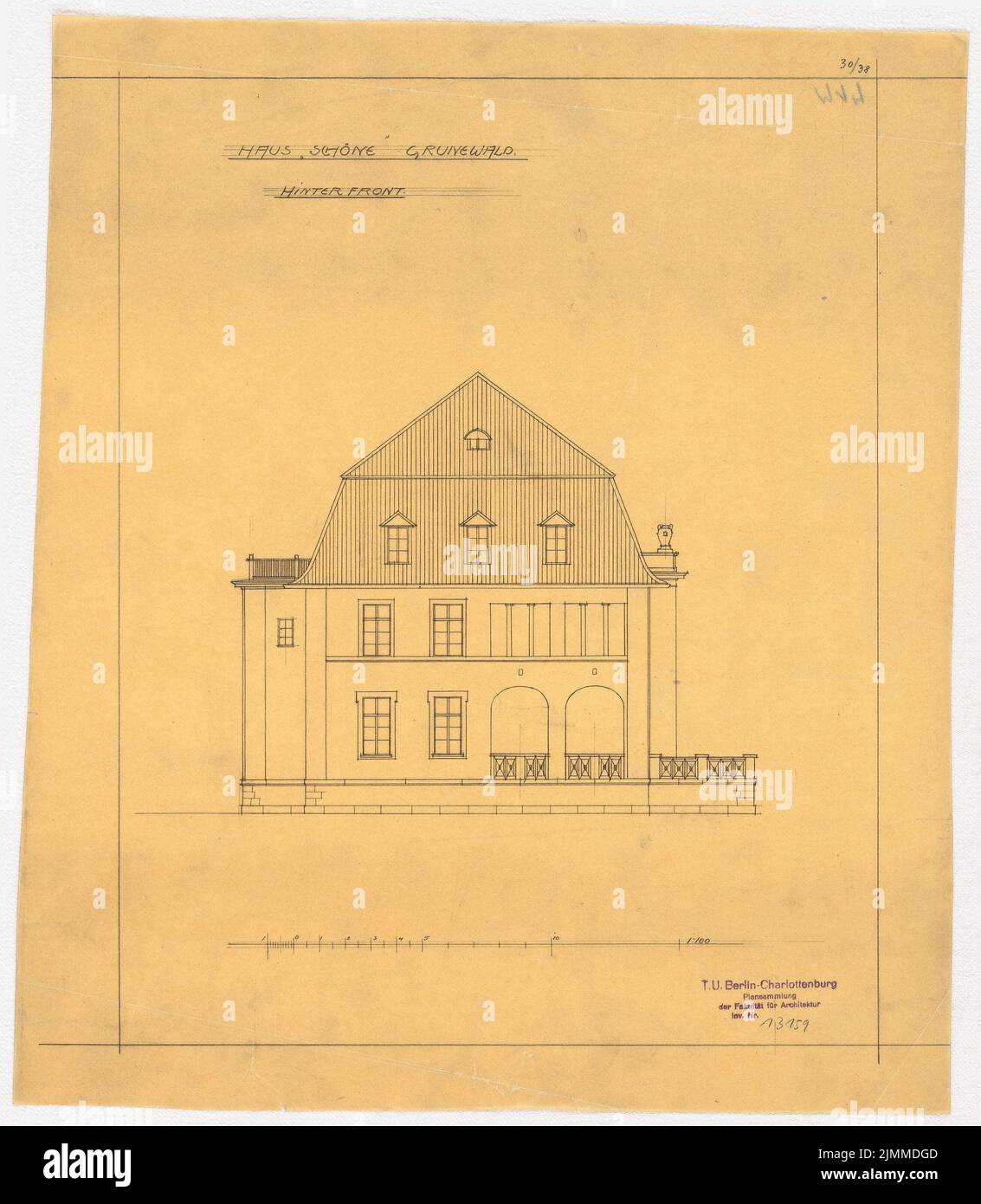 Messel Alfred (1853-1909), Villa Dr. Richard Schöne, Berlin-Grunewald. Project II (1907), recovering back view 1: 100, pencil on transparent, TU UB Plan collection inv. No. 13159 Stock Photo